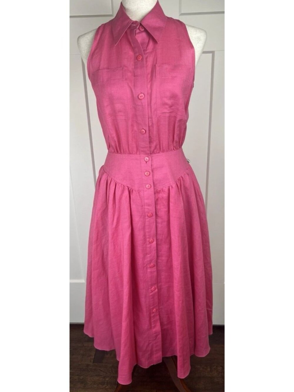 Vintage Le Crillon Linen Dress 6 Pink Midi Open Back Cottagecore Resort